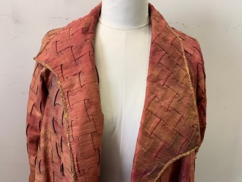 Womens, Sci-Fi/Fantasy Coat/Robe, MTO, Rust Orange, Wine Red, Gold, Silk, Rayon, Solid, M/L, Made To Order, Silk Taffeta Basket Weave Texture, Asymmetrical Collar & Hemline, Gold & Wine Brocade Lining, Raglan Sleeves, Open At Armholes, Silk Shatterred at Elbows and Lapel See Detail Photo,