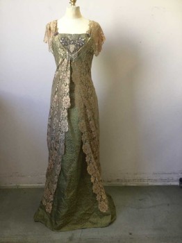 Womens, Evening Dress 1890s-1910s, M.T.O., Chartreuse Green, Gold, Lavender Purple, Rayon, Polyester, Floral, W30, B34, Upper Class Womens Evening Dress. Chartreuse Green Brocade with Gold Lace Overlay. Shaped Lace Front with Green Floral Brocade Underneath. Short Train. Low Bustle Drape at Center Back.. Short Sleeves, Square Neckline with Cream Lace Trim with Iridescent Lavender Sequins and White Bead Tassels at Center Front Bust line. Hook & Eye Closure Center Back,