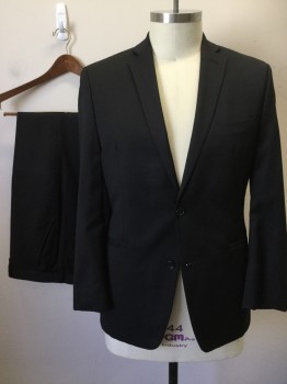 ALFANI, Black, Wool, Solid, Single Breasted, Collar Attached, Notched Lapel, Long Sleeves, 3 Pockets, 2 Buttons