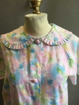 Womens, House Dress, Lt Pink, Yellow, Lt Blue, Lt Green, Poly/Cotton, Floral, B34, S, Short Sleeves, Peter Pan Collar with Pleated Trim. 2 Patch Pockets with Pleated Ruffle Trim. Pink Plastic Buttons Center Front,