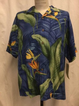 TOMMY BAHAMA, Dk Blue, Green, Orange, Yellow, Red, Silk, Tropical , Dk Blue/ Green/ Orange/ Yellow/ Red Floral/ Leaf Print, Button Front, Open Collar Attached, Short Sleeves, 1 Pocket,