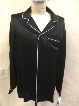 G. BEENE, Black, White, Silk, Solid, Button Front, Rounded Notched Lapel, 1 Pocket, Contrast Piping