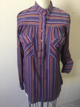 AMY BARR, Purple, Orange, Periwinkle Blue, Teal Green, White, Poly/Cotton, Stripes, Purple with Orange/Periwinkle/Teal/White Stripes, Vertical on Body and Horizontal on Shoulder Yoke, Long Sleeves, Semi-open 5 Button Front, Band Collar, 2 Flap Pockets with Button Closures,