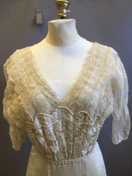 Womens, Evening Dress 1890s-1910s, MTO, Butter Yellow, Silk, Solid, Floral, W:24, B:32, Champagne, Delicate Lace Bodice with Delicate Netting, V-neck, Short Sleeves, Pin Tuck Detail at Shoulders, Satin Abdomen with Floral Embroidery, Satin Skirt,  Zig Zag Trim Detail with Front Embroidered Panel and Pleated Detail, Train in Back,