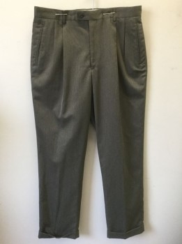 LOUIS RAPHAEL, Taupe, Polyester, Rayon, Solid, Double Pleated, Button Tab Waist, Zip Fly, 4 Pockets, Straight Leg, Cuffed Hems, 90's/00's **Has a Double