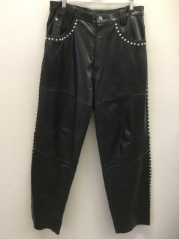 Mens, Leather Pants, DAVOUCCI, Black, Leather, Solid, 34, Flat Front, Jean-style, 5 + Pockets, Belt Loops, Silver Studded Pockets/Side Seams/Back Yoke, Darted Knee Panels