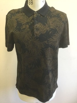 VINCE, Black, Dk Olive Grn, Cotton, Leaves/Vines , Tropical , Black and Dark Olive Tropical Palm Fronds Pattern, Pique Jersey, Short Sleeves, Solid Black Ribbed Collar Attached, 3 Button Front
