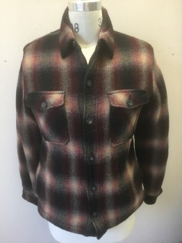 WOOLRICH, Red Burgundy, Black, Beige, Wool, Nylon, Plaid, Burgundy/Black/Beige Shadowplaid Wool Flannel, Shirt Jacket, Long Sleeve Button Front, Collar Attached, 2 Patch Pockets with Button Closures, Beige Fleece Lining