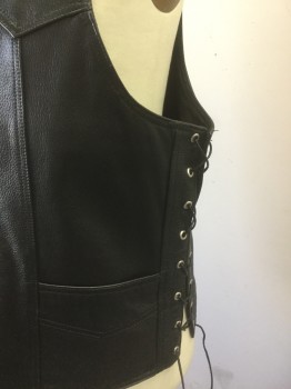 REED, Black, Leather, Solid, V-neck, Snap Front, Slit Pockets, Soft Pebbled Leather, Side Lace Up