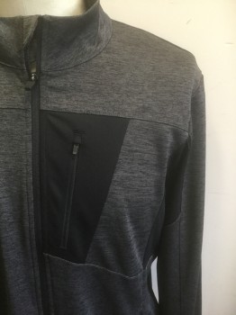 ID IDEOLOGY, Dk Gray, Black, Polyester, Spandex, Heathered, Gray with Black Streaks, Stretch Material, Zip Front, Small Panels of Solid Black Throughout, Stand Collar, 3 Zip Pockets