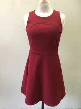 MADEWELL, Dk Red, Polyester, Elastane, Solid, Scoop Neck, Rounded Yoke Seam, Zip Back, A-line, Knee Length