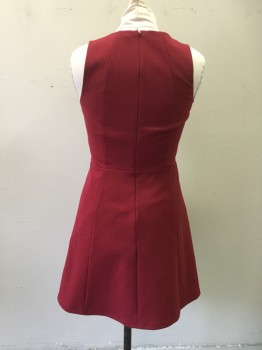 MADEWELL, Dk Red, Polyester, Elastane, Solid, Scoop Neck, Rounded Yoke Seam, Zip Back, A-line, Knee Length
