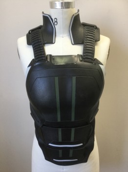 Mens, Breastplate, MTO, Black, White, Olive Green, Rubber, Plastic, Color Blocking, Solid, Small, Super Tough, Lots of Velcro for Adjustability, Molded, Shoulder Straps, 1Side Strap on Each Side, 1 Waist Strap on Each Side of Removable 6 Pack Stomach Panel, Harness Hole Cut in Upper Back Missing Lower Back Panel