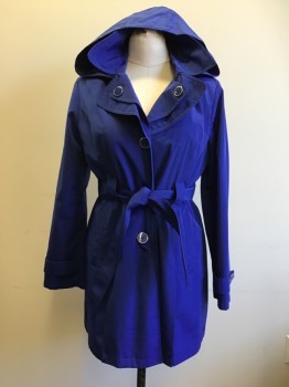 LONDON FOG, Royal Blue, Polyester, Solid, Single Breasted, Collar Attached, Self Belt, Button Tab Sleeve Cuffs, Button Detachable Hood, Double Lapel