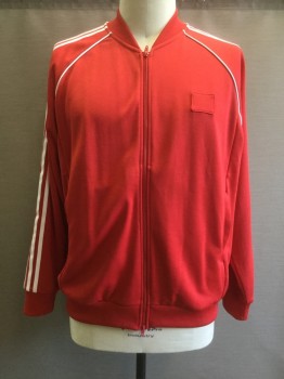Mens, Sweatsuit Jacket, ADIDAS, Red, Poly/Cotton, Solid, Stripes, 2XL, with White Stripes and Piping, Zip Front, Ribbed Knit Collar/Cuff/Waistband, Raglan L/S, 2 Pockets, Tracksuit