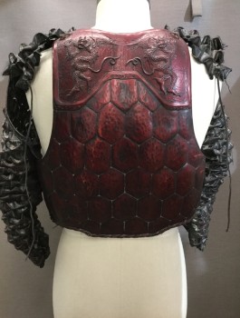 Mens, Breastplate, MTO, Dk Red, Maroon Red, Black, Plastic, Faux Leather, Geometric, C42, Hard Plastic Shell with Honeycomb and Ape Dragon Raised Design. Reptile Embossed Pleather and Cotton Lace Attached Sleeves with Finger Stirrup, Medieval Japanese Influence, Mottled Iridescent, Slightly Dusty Sleeves, a Couple of Flea Bites in the Plastic Pictured, Multiple