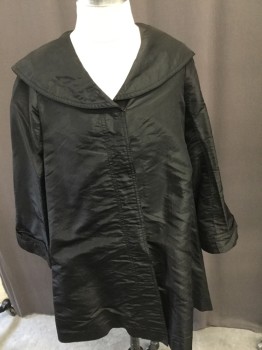 Childrens, Coat 1890s-1910s, MTO, Black, Silk, Solid, B:32, Taffeta, Shawl Collar, Button Front, Hidden Placket, Cuffed Sleeves, Full Back, Straps on Inside Lining