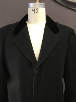 Mens, Coat 1890s-1910s, MTO, Black, Wool, Silk, Solid, 50, Single Breasted, Hidden Placket, Pocket Flap, Notched Lapel, Black Velvet Collar,
