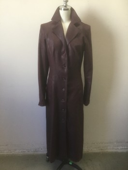 Womens, Sci-Fi/Fantasy Coat/Robe, N/L MTO, Dk Purple, Leather, Solid, W:29, B:36, Crackled Texture Slightly Metallic Leather, Single Breasted, 7 Buttons,  Notched Lapel, 2 Welt Pockets at Hips, Black Leather Lacing Detail at Cuffs, Ankle Length, Made To Order