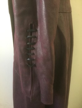 Womens, Sci-Fi/Fantasy Coat/Robe, N/L MTO, Dk Purple, Leather, Solid, W:29, B:36, Crackled Texture Slightly Metallic Leather, Single Breasted, 7 Buttons,  Notched Lapel, 2 Welt Pockets at Hips, Black Leather Lacing Detail at Cuffs, Ankle Length, Made To Order