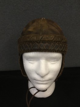 Mens, Historical Fiction Hat , PIERONI BRUNO, Brown, Leather, Solid, 7 3/8, Leather Cap, Padded and Quilted Band, Leather Criss Cross Lacing Detail, Ear Flaps, Leather Straps