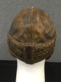 Mens, Historical Fiction Hat , PIERONI BRUNO, Brown, Leather, Solid, 7 3/8, Leather Cap, Padded and Quilted Band, Leather Criss Cross Lacing Detail, Ear Flaps, Leather Straps