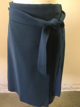 ANN TAYLOR, Teal Blue, Polyester, Spandex, Solid, Faux Wrap Skirt, Side Zipper, Attached Belt