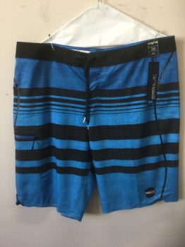 O'NEILL, Blue, Black, Polyester, Spandex, Stripes - Horizontal , Blue and Black Horizontal Stripes of Varying Widths, 2" Wide Black Waistband, Black Lacing/Ties at Center Front Waist with Velcro Closure, 12" Inseam