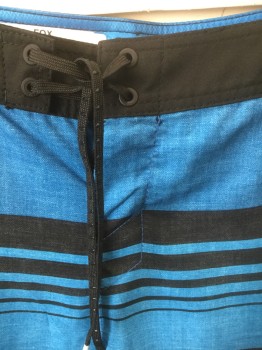 O'NEILL, Blue, Black, Polyester, Spandex, Stripes - Horizontal , Blue and Black Horizontal Stripes of Varying Widths, 2" Wide Black Waistband, Black Lacing/Ties at Center Front Waist with Velcro Closure, 12" Inseam