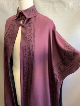 Womens, Cape 1890s-1910s, N/L MTO, Plum Purple, Black, Wool, Solid, Geometric, O/S, Gabardine with Embroidered Detail at Edges, Collar Attached, 2 Buttons with Loop Closures at Neck, Open in Front, Made To Order