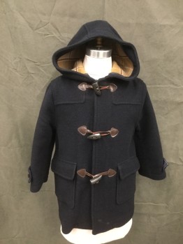 Childrens, Coat, SKHUABAN, Navy Blue, Acrylic, Wool, Solid, 5, Brown Leather and Toggle Over Zip Front, 2 Flap Pockets, Attached Hood, Button Tab at Cuff