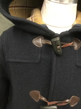 Childrens, Coat, SKHUABAN, Navy Blue, Acrylic, Wool, Solid, 5, Brown Leather and Toggle Over Zip Front, 2 Flap Pockets, Attached Hood, Button Tab at Cuff