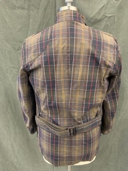 BARBOUR, Dk Brown, Red, White, Yellow, Brown, Cotton, Plaid, Zip/Snap Front, 4 Pockets, Stand Collar, Tab Belted Collar, Long Sleeves, Self Belt Tacked to Itself in Back,