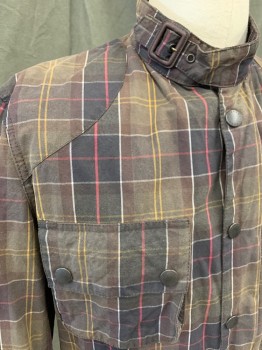 BARBOUR, Dk Brown, Red, White, Yellow, Brown, Cotton, Plaid, Zip/Snap Front, 4 Pockets, Stand Collar, Tab Belted Collar, Long Sleeves, Self Belt Tacked to Itself in Back,