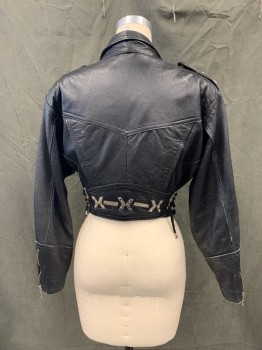 Womens, Leather Jacket, DR. MARTENS, Black, Leather, Solid, M, Off Center Zip Front, 3 Zip Pocket, Slight Batwing Sleeve, Epaulets with Silver Hardware, Attached Self Front Belt, Laced Up Side Back, Silver Hardware on Back Waist,