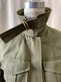 ALC, Olive Green, Cotton, Linen, Spread Collar with Tab and Metal Loop Closure, Button Front, Four Flap Patch Pockets, Peplum Back