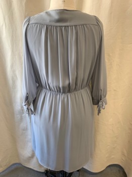 H&M, Blue-Gray, Polyester, Solid, V-neck, Cross Over Front, 1 Button, Gathered at Waist, Sheer Long Sleeves with Tie String at Cuffs, Knee Length Hem