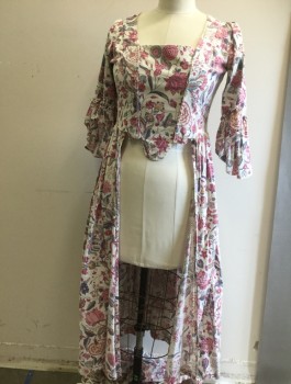MTO, Cream, Rose Pink, Dusty Blue, Khaki Brown, Cotton, Floral, BODICE- Square Neckline, Built-in Stomacher Hook & Eye Close in Front, 3/4 Sleeves with Ruffle Cuffs Open Front, Full Length Pleated Back Skirt with Slit Openings at Pocket Placing. Has Been Taken in By Hand for This Size, Could Be Let Out for Larger Bust and Arms Eyes