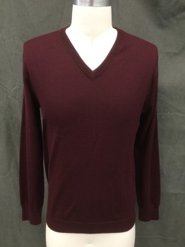 J. CREW, Red Burgundy, Wool, Solid, Ribbed Knit V-neck, Long Sleeves, Ribbed Knit Cuff/Waistband