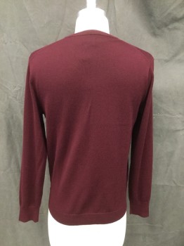 J. CREW, Red Burgundy, Wool, Solid, Ribbed Knit V-neck, Long Sleeves, Ribbed Knit Cuff/Waistband