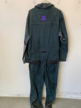 Mens, Jumpsuit, MTO, Dk Teal, Gray, Purple, Black, Cotton, Nylon, Solid, 34 W, 42 C, 44 H, 9 Pocket, Dk Teal Denim, Gray Nylon Insets, Purple Contrast Stitching, Gray Fishnet Underarms, Zip Front, Collar Attached, Zip Cuffs, Aged/Distressed,