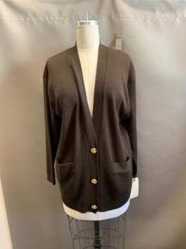 Womens, Sweater, CLASSIQUES ENTIER, Dk Brown, Wool, Solid, L, V-neck, Cardigan, 2 Pockets, 3 Fancy Gold Buttons,