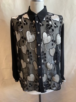 Mens, Club Shirt, SANGI, Black, Lt Gray, Microfiber, Hearts, Leaves/Vines , L, Collar Attached, Button Front, Long Sleeves, Sheer Background, Silver Hearts and Black Leaves on Front and Cuffs, Silver Buttons Down Front and on Cuffs