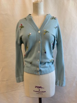 Womens, Sweater, DALTON, Lt Blue, Purple, Green, Yellow, Pink, Cashmere, Floral, Solid, B34, CARDIGAN, V-neck, 6 White Buttons, Tulips Embroidery