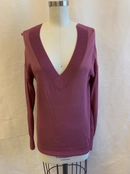 Womens, Pullover, LEITH, Mauve Pink, Viscose, Nylon, Solid, XS, V-neck, Long Sleeves