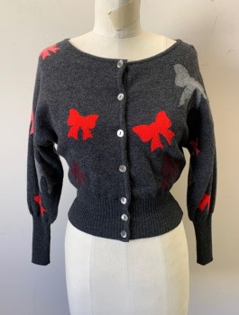 Womens, Sweater, GEMMA H., Charcoal Gray, Red, Gray, Pink, Wool, Novelty Pattern, S, Novelty Bows Pattern, Knit, Long Sleeves, Button Front, Scoop Neck, Full Sleeves with Tapered Cuffs