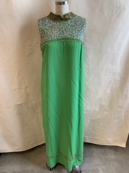Womens, Evening Gown, NL, Green, Hot Pink, Lt Blue, Iridescent Blue, Synthetic, Solid, W: 27, B: 34, Mock Neck with Brown Beading, Iridescent & Green Sequins & Beading on Yoke, Handing Gold Beads & Tear Shaped Bead at the Trim of Yoke, Pleated Sides Lined in Hot Pink, Floor Length