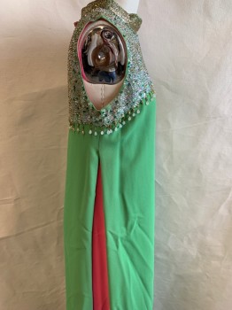 NL, Green, Hot Pink, Lt Blue, Iridescent Blue, Synthetic, Solid, Mock Neck with Brown Beading, Iridescent & Green Sequins & Beading on Yoke, Handing Gold Beads & Tear Shaped Bead at the Trim of Yoke, Pleated Sides Lined in Hot Pink, Floor Length