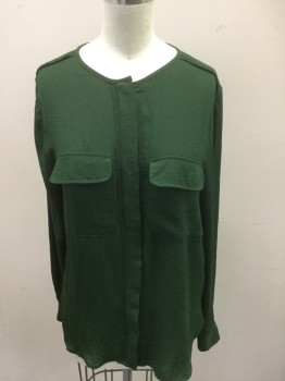 H&M, Forest Green, Polyester, Solid, Sheer Gauzy Chiffon, Long Sleeves, Hidden Button Placket at Front, Round Neck (No Collar), 2 Flap Pockets