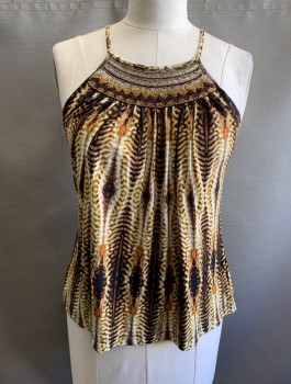 WORTHINGTON, Ecru, Tan Brown, Brown, Yellow, Black, Polyester, Spandex, Abstract , Stretchy Material, Seed Beaded Panel at Center Front, Spaghetti Straps